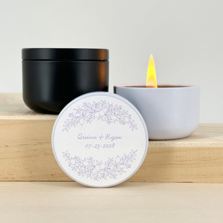 Custom Candle Wedding Favors, Amalfi Coast Sketch Pattern, Hand Drawn Mediterranean Florals, 2oz Mini Lavender Candles