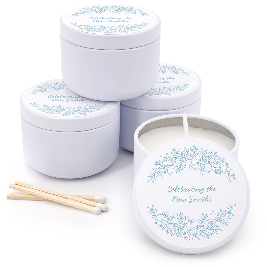 Custom Candle Wedding Favors, Amalfi Coast Sketch Pattern, Hand Drawn Mediterranean Florals, 2oz Mini Lavender Candles