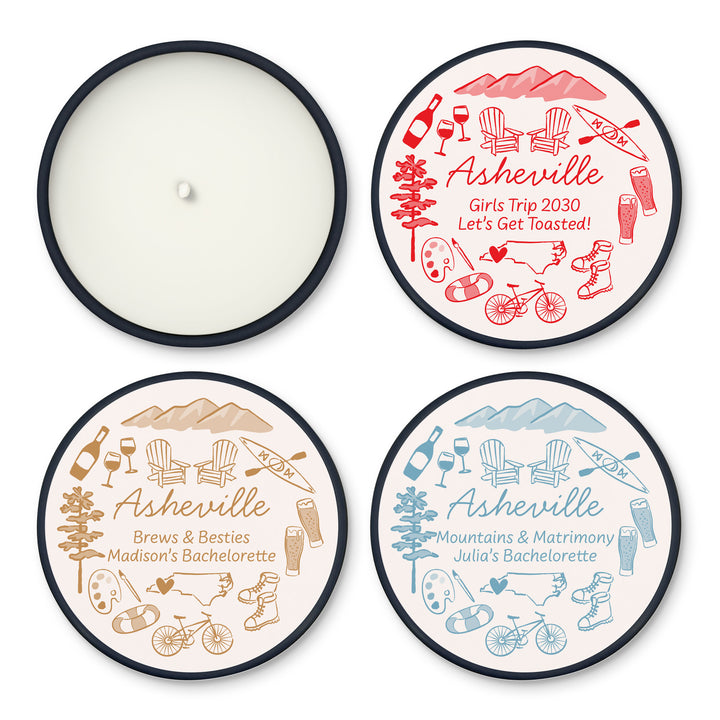 Custom Candle Wedding Favors, Girls Trip, Hand Drawn Asheville Bachelorette, 2oz Mini Lavender Candles