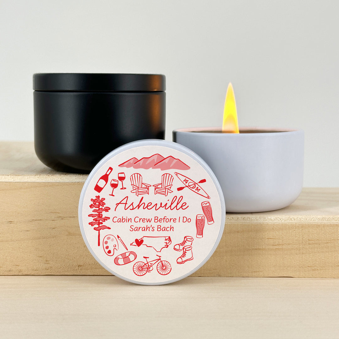 Custom Candle Wedding Favors, Girls Trip, Hand Drawn Asheville Bachelorette, 2oz Mini Lavender Candles