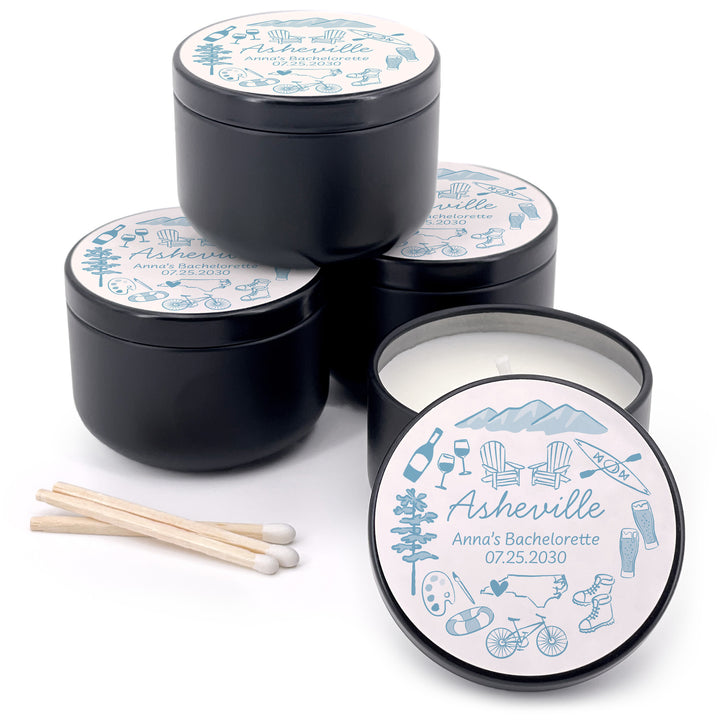 Custom Candle Wedding Favors, Girls Trip, Hand Drawn Asheville Bachelorette, 2oz Mini Lavender Candles