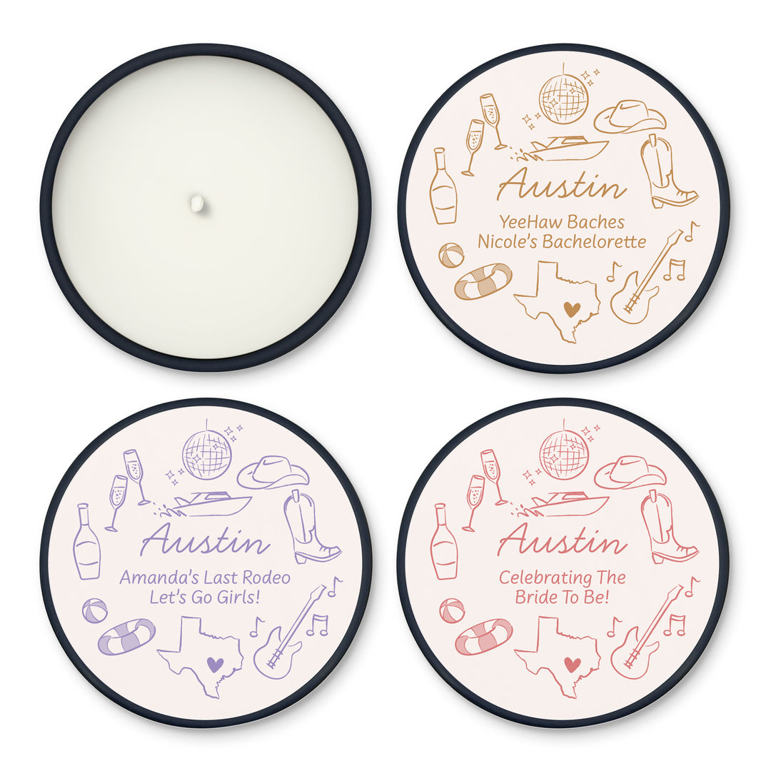 Custom Candle Wedding Favors, Girls Trip, Hand Drawn Austin Bachelorette, 2oz Mini Lavender Candles