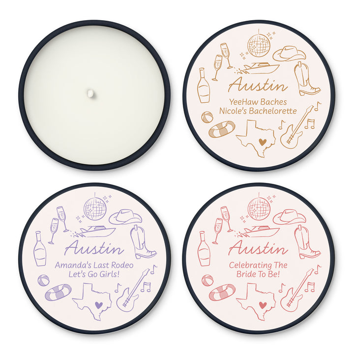 Custom Candle Wedding Favors, Girls Trip, Hand Drawn Austin Bachelorette, 2oz Mini Lavender Candles