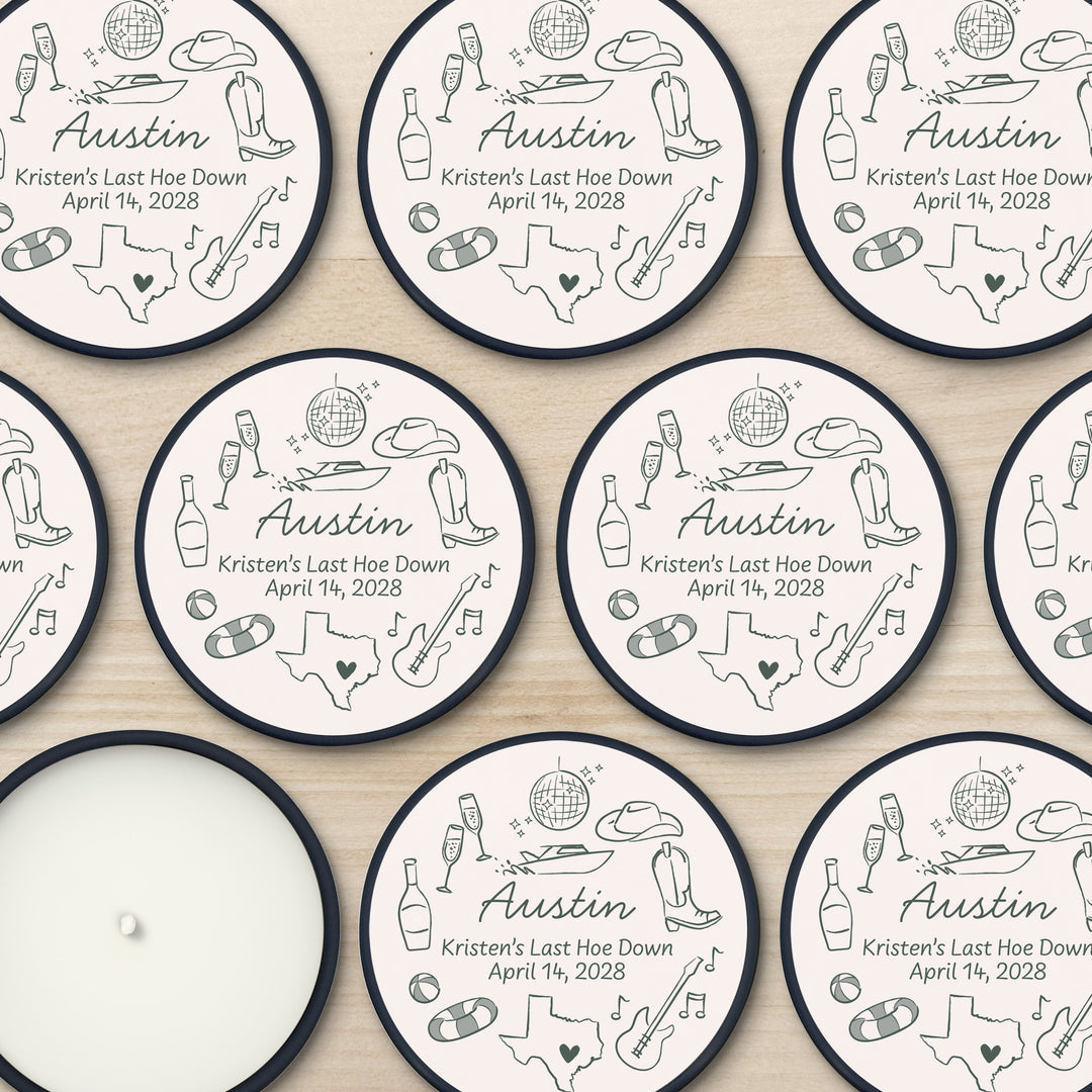 Custom Candle Wedding Favors, Girls Trip, Hand Drawn Austin Bachelorette, 2oz Mini Lavender Candles