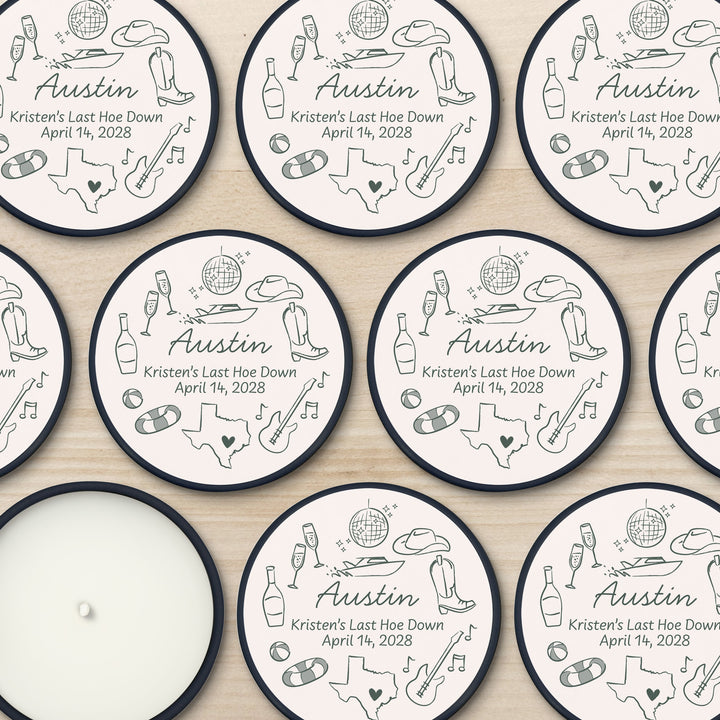 Custom Candle Wedding Favors, Girls Trip, Hand Drawn Austin Bachelorette, 2oz Mini Lavender Candles