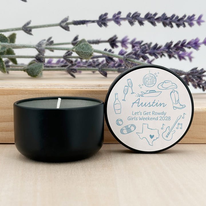 Custom Candle Wedding Favors, Girls Trip, Hand Drawn Austin Bachelorette, 2oz Mini Lavender Candles