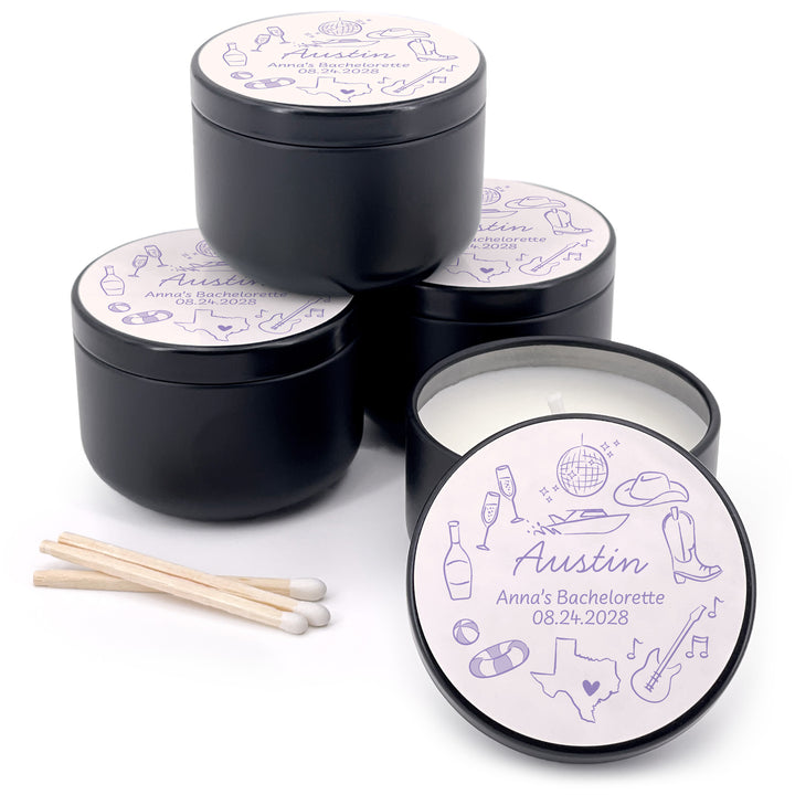 Custom Candle Wedding Favors, Girls Trip, Hand Drawn Austin Bachelorette, 2oz Mini Lavender Candles