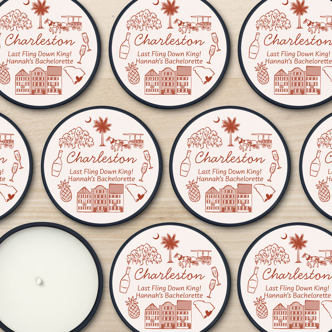 Custom Candle Wedding Favors, Girls Trip, Hand Drawn Charleston Bachelorette, 2oz Mini Lavender Candles