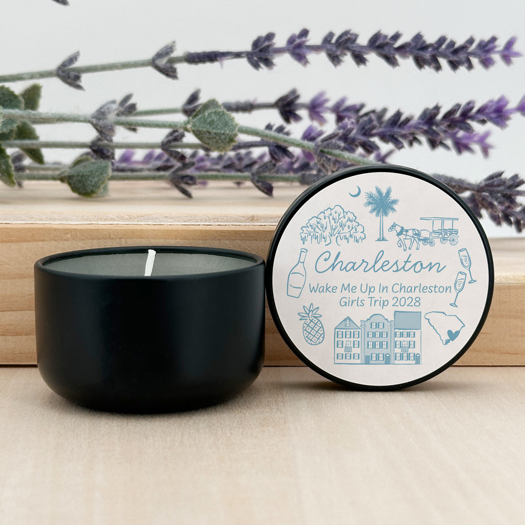 Custom Candle Wedding Favors, Girls Trip, Hand Drawn Charleston Bachelorette, 2oz Mini Lavender Candles