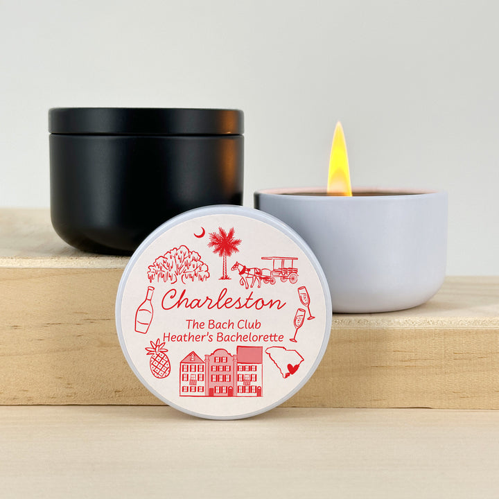 Custom Candle Wedding Favors, Girls Trip, Hand Drawn Charleston Bachelorette, 2oz Mini Lavender Candles