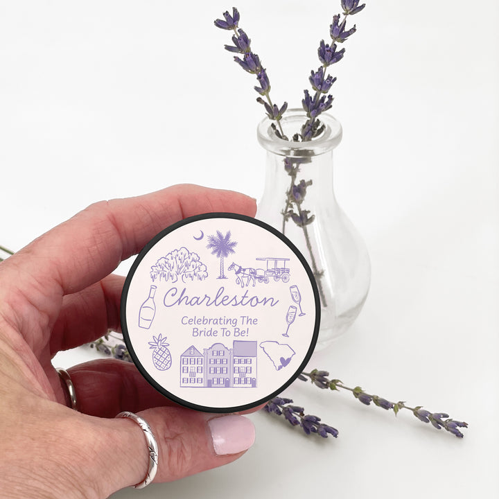 Custom Candle Wedding Favors, Girls Trip, Hand Drawn Charleston Bachelorette, 2oz Mini Lavender Candles