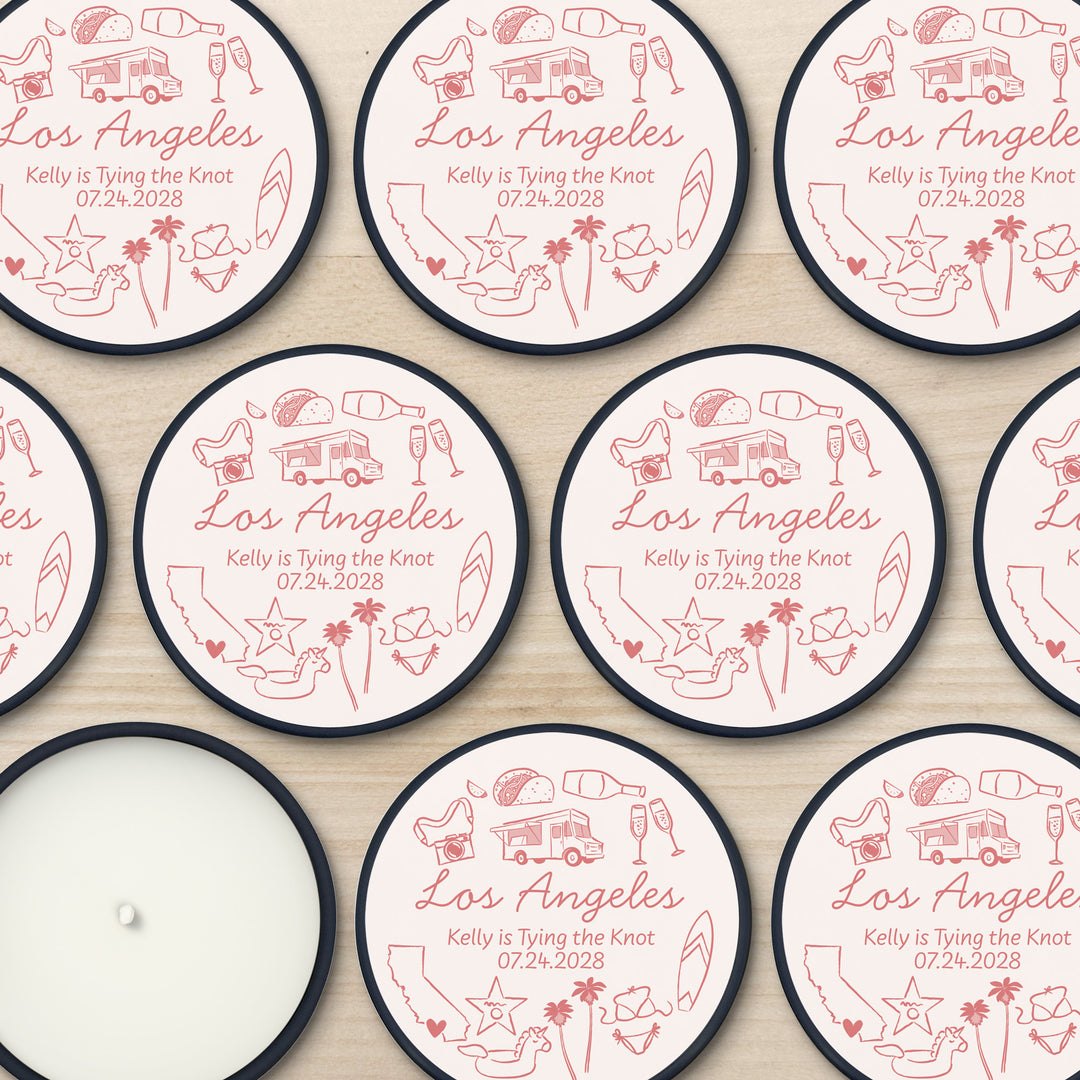Custom Candle Wedding Favors, Girls Trip, Hand Drawn Los Angeles Bachelorette, 2oz Mini Lavender Candles