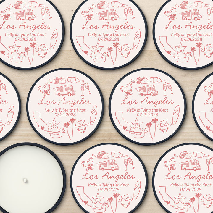 Custom Candle Wedding Favors, Girls Trip, Hand Drawn Los Angeles Bachelorette, 2oz Mini Lavender Candles