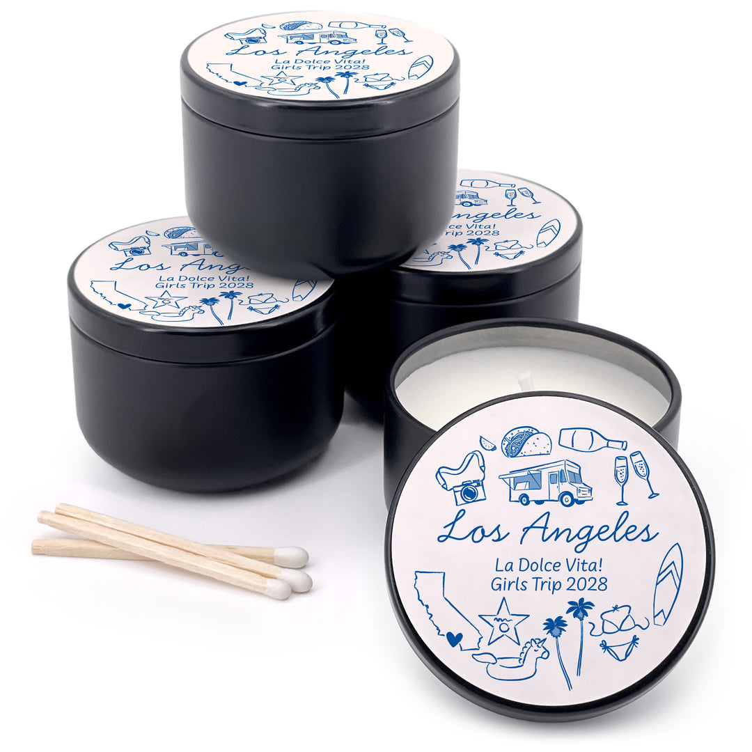 Custom Candle Wedding Favors, Girls Trip, Hand Drawn Los Angeles Bachelorette, 2oz Mini Lavender Candles