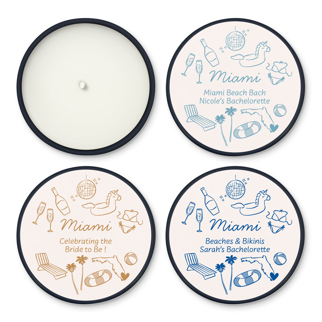 Custom Candle Wedding Favors, Girls Trip, Hand Drawn Miami Bachelorette, 2oz Mini Lavender Candles