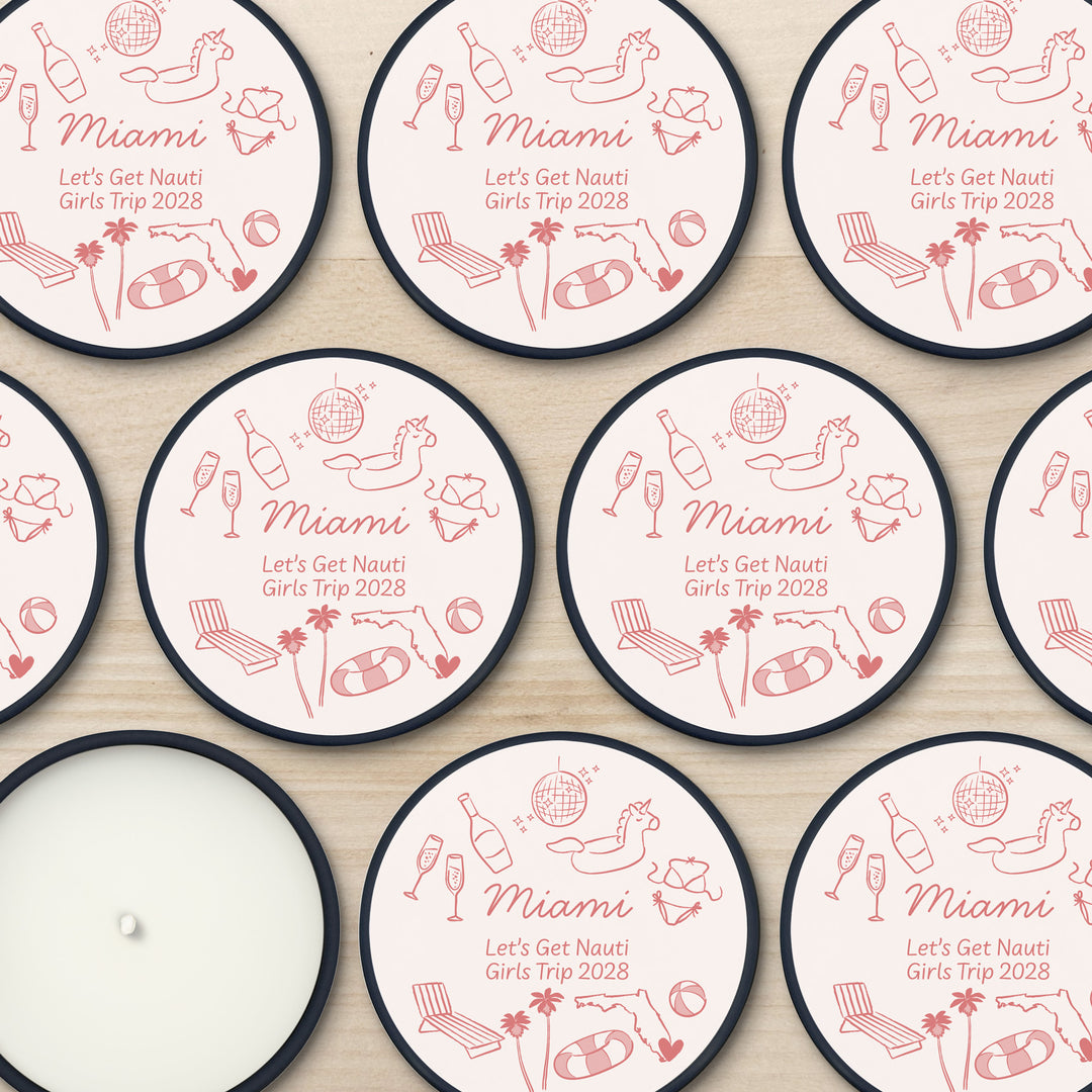 Custom Candle Wedding Favors, Girls Trip, Hand Drawn Miami Bachelorette, 2oz Mini Lavender Candles