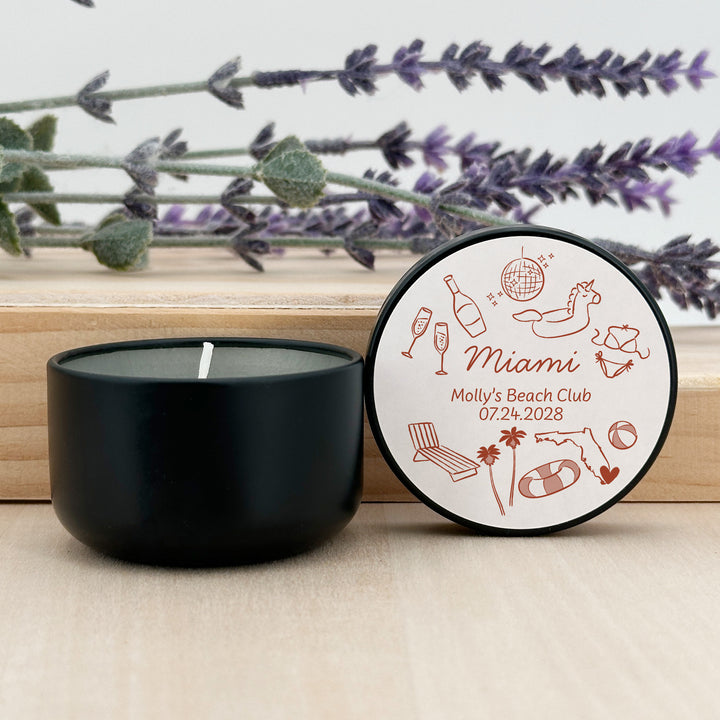 Custom Candle Wedding Favors, Girls Trip, Hand Drawn Miami Bachelorette, 2oz Mini Lavender Candles
