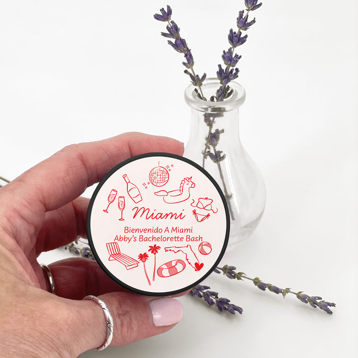 Custom Candle Wedding Favors, Girls Trip, Hand Drawn Miami Bachelorette, 2oz Mini Lavender Candles