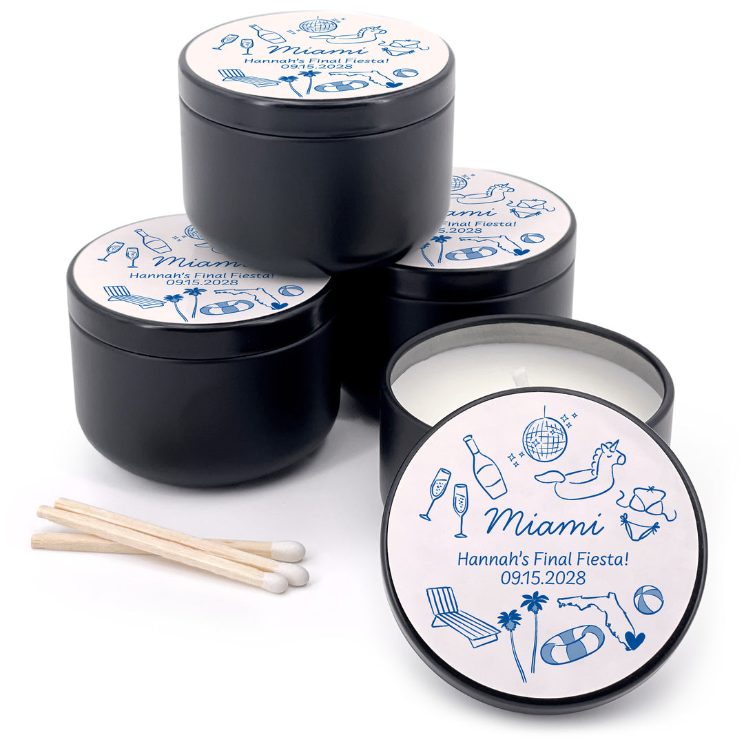 Custom Candle Wedding Favors, Girls Trip, Hand Drawn Miami Bachelorette, 2oz Mini Lavender Candles