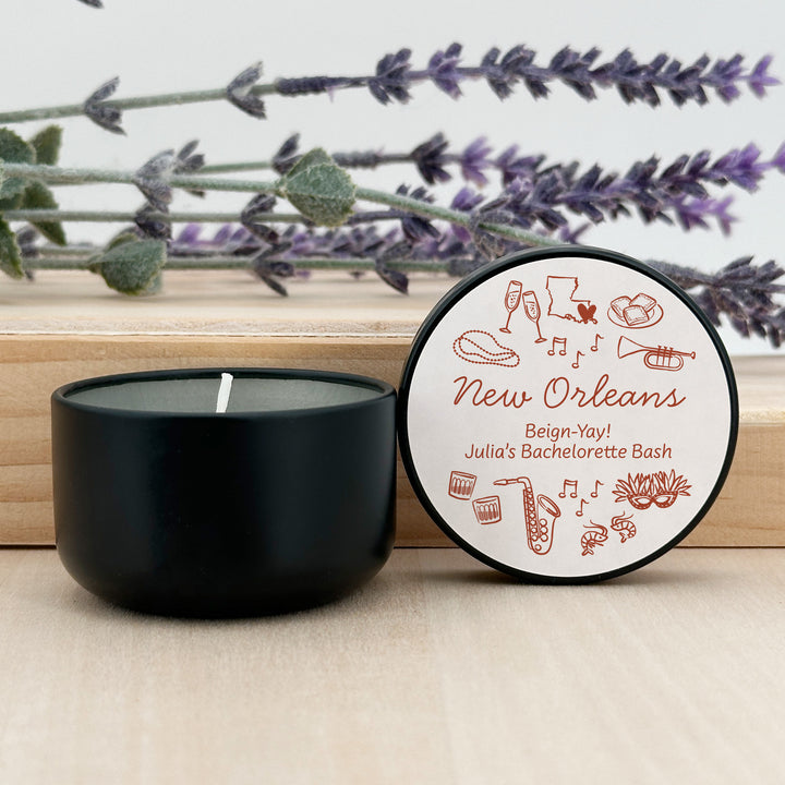Custom Candle Wedding Favors, Girls Trip, Hand Drawn New Orleans Bachelorette, 2oz Mini Lavender Candles