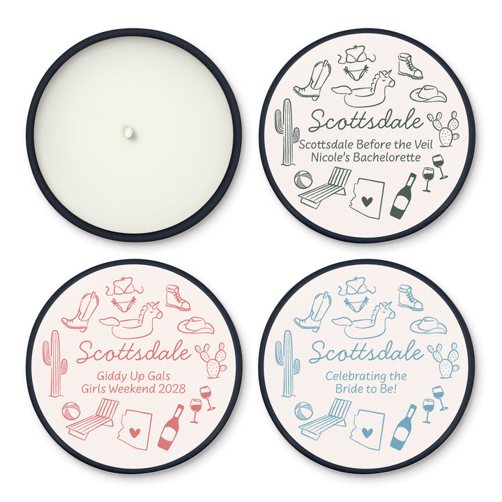 Custom Candle Wedding Favors, Girls Trip, Hand Drawn Scottsdale Bachelorette, 2oz Mini Lavender Candles