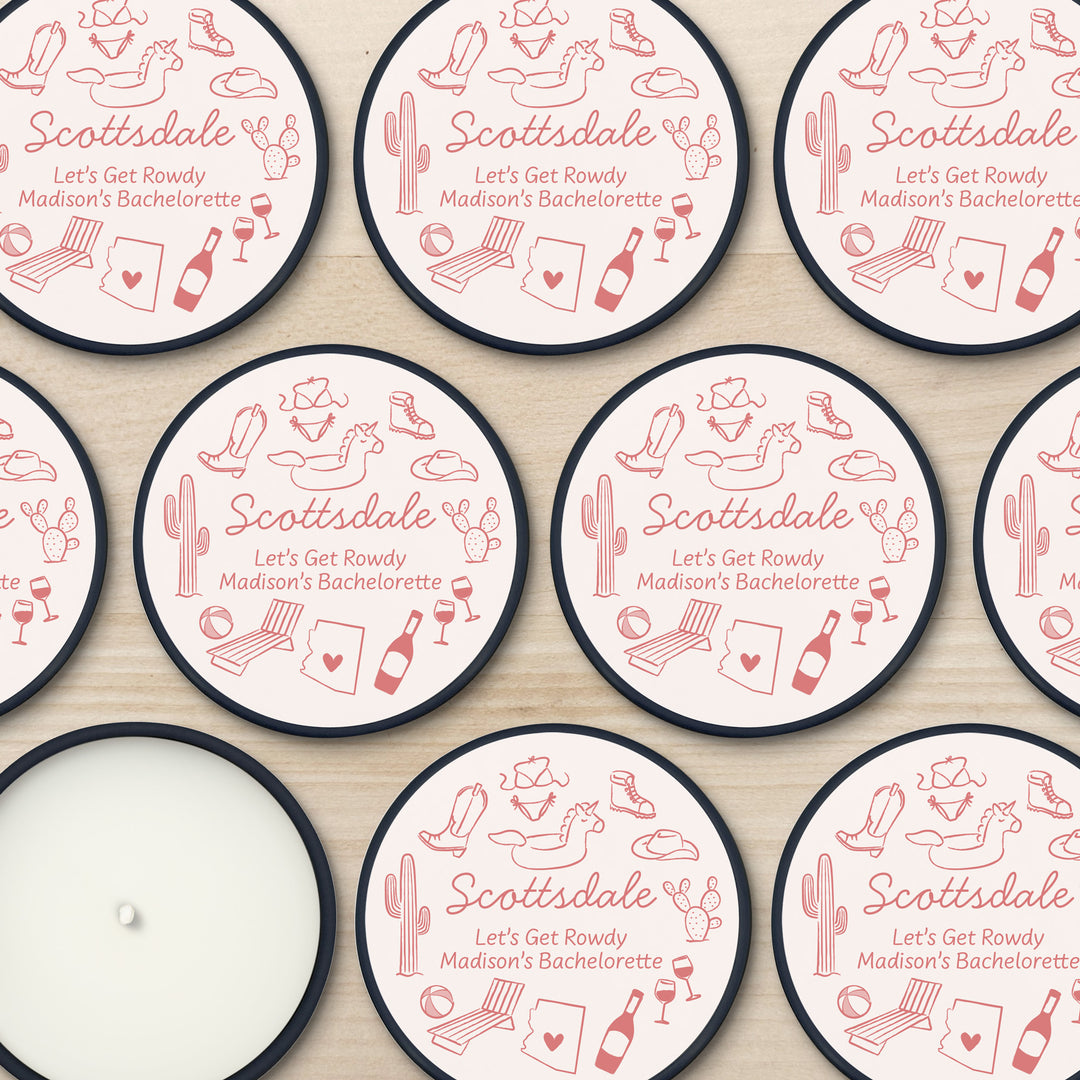 Custom Candle Wedding Favors, Girls Trip, Hand Drawn Scottsdale Bachelorette, 2oz Mini Lavender Candles