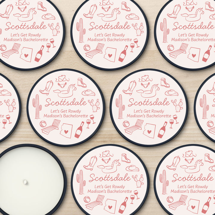 Custom Candle Wedding Favors, Girls Trip, Hand Drawn Scottsdale Bachelorette, 2oz Mini Lavender Candles