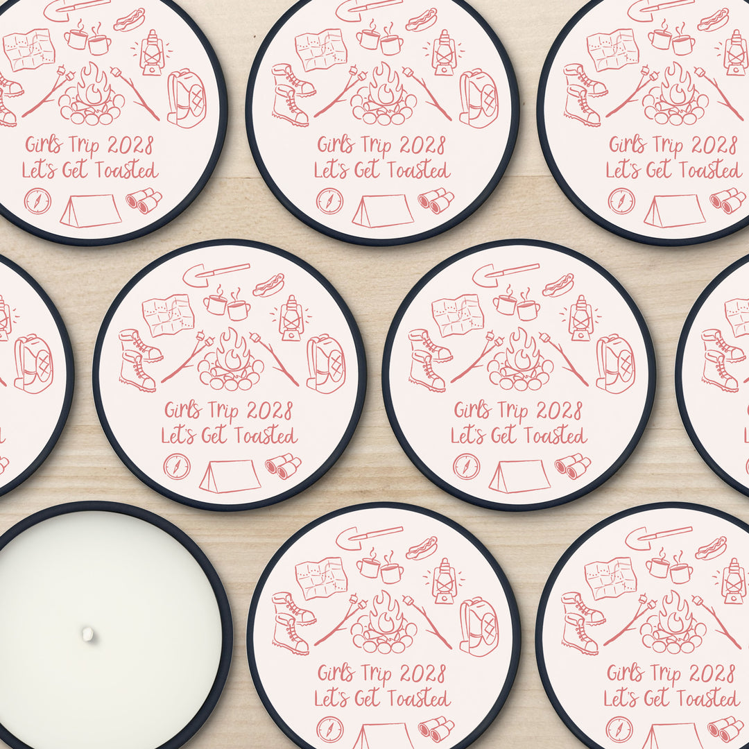 Custom Candle Wedding Favors, Girls Trip, Hand Drawn Camp Bachelorette, 2oz Mini Lavender Candles