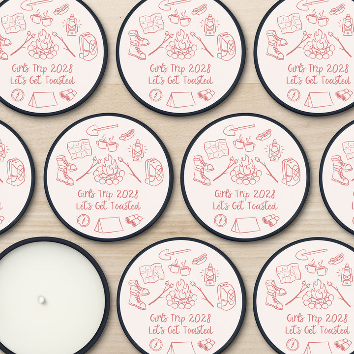 Custom Candle Wedding Favors, Girls Trip, Hand Drawn Camp Bachelorette, 2oz Mini Lavender Candles