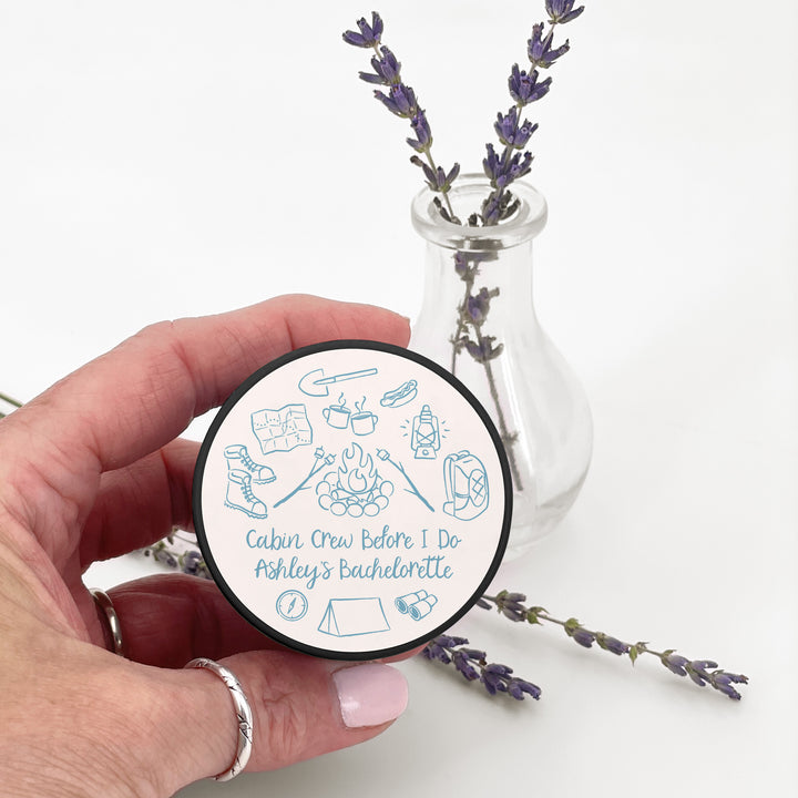 Custom Candle Wedding Favors, Girls Trip, Hand Drawn Camp Bachelorette, 2oz Mini Lavender Candles
