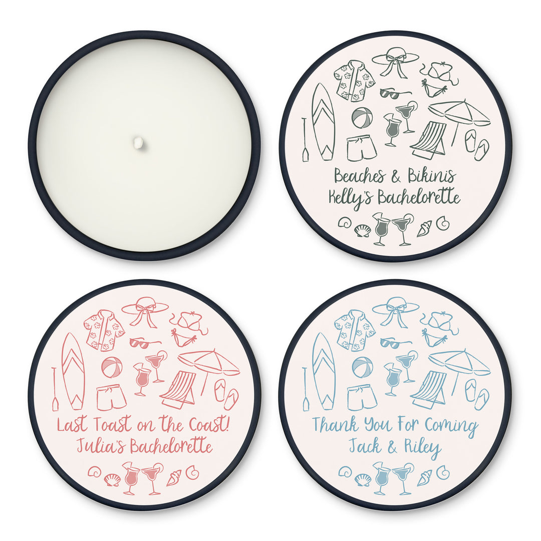 Custom Candle Wedding Favors, Girls Trip, Hand Drawn Beach Bachelorette, 2oz Mini Lavender Candles