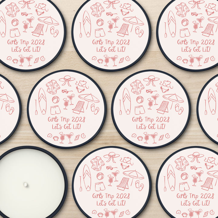 Custom Candle Wedding Favors, Girls Trip, Hand Drawn Beach Bachelorette, 2oz Mini Lavender Candles