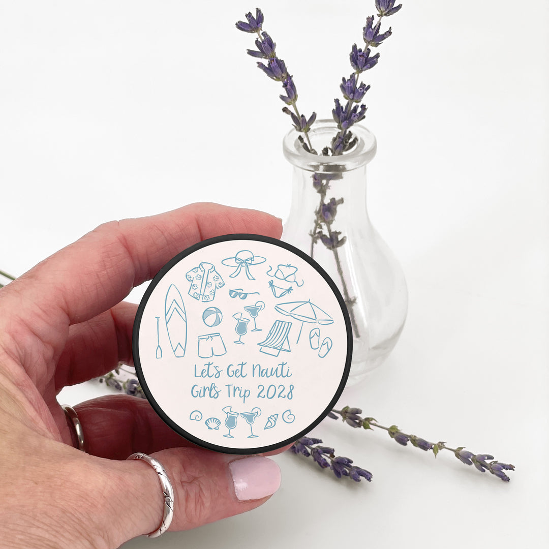 Custom Candle Wedding Favors, Girls Trip, Hand Drawn Beach Bachelorette, 2oz Mini Lavender Candles