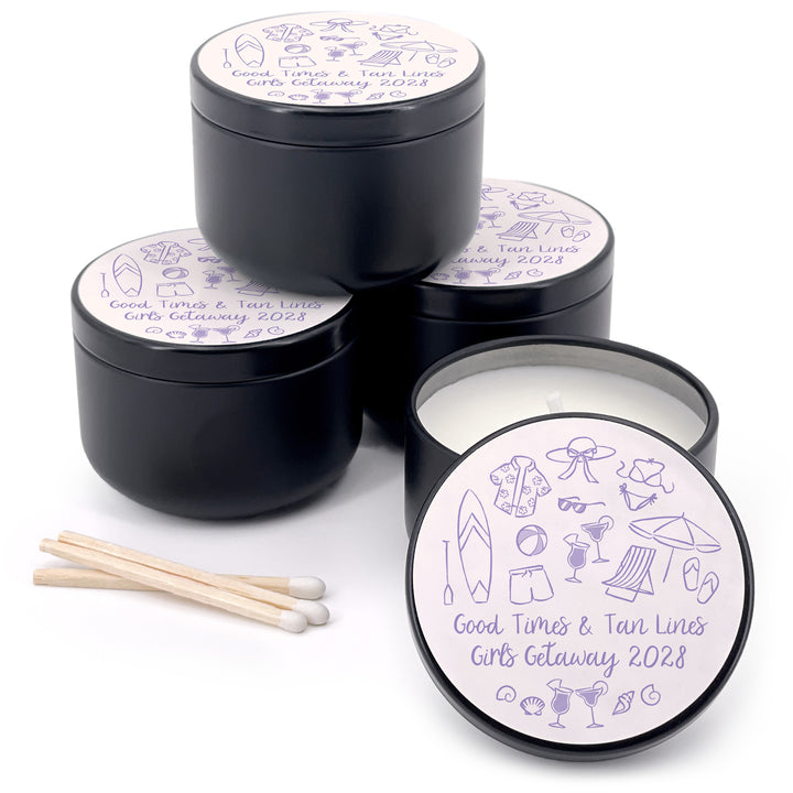 Custom Candle Wedding Favors, Girls Trip, Hand Drawn Beach Bachelorette, 2oz Mini Lavender Candles