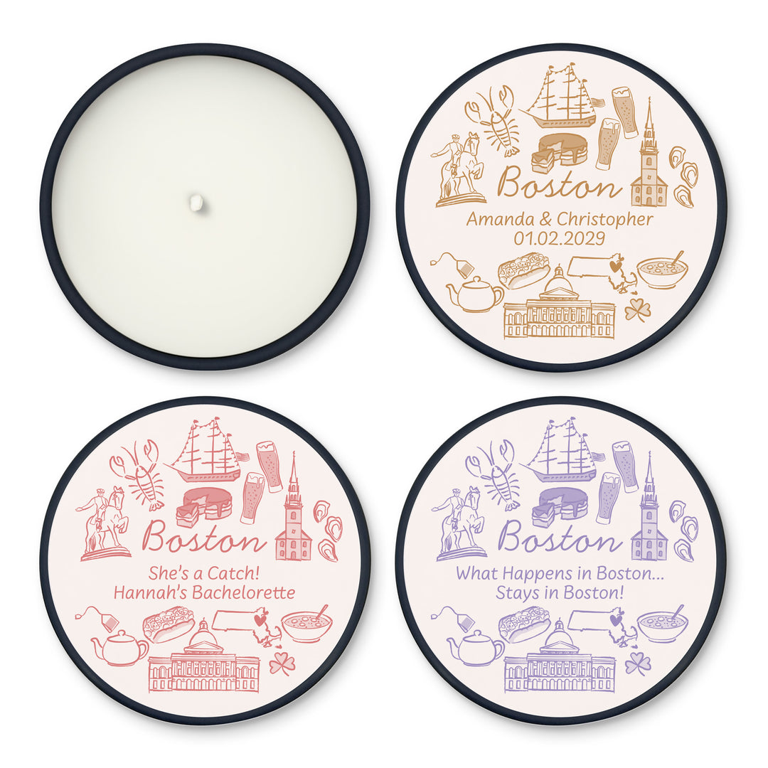 Custom Candle Wedding Favors, Girls Trip, Hand Drawn Boston Bachelorette, 2oz Mini Lavender Candles