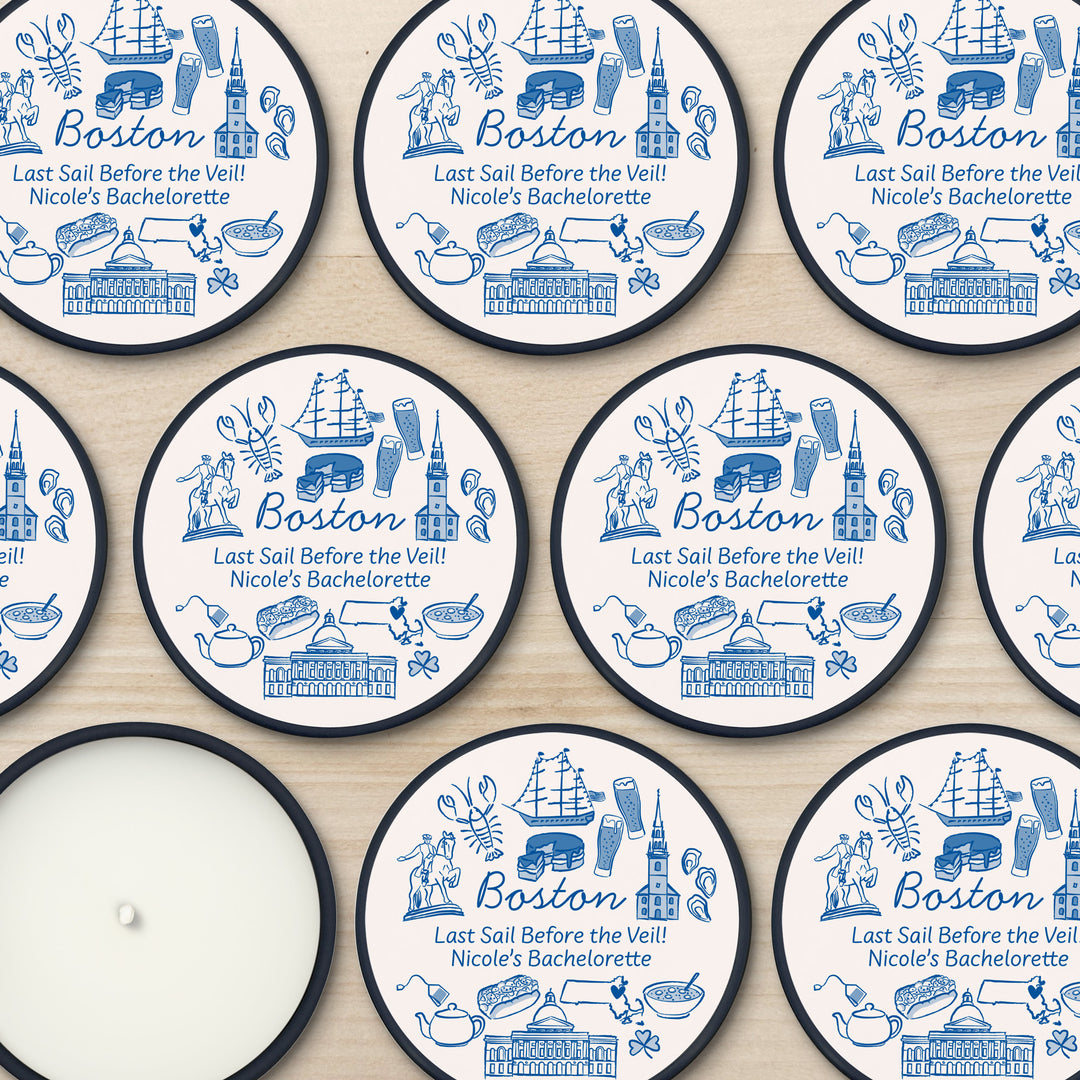 Custom Candle Wedding Favors, Girls Trip, Hand Drawn Boston Bachelorette, 2oz Mini Lavender Candles