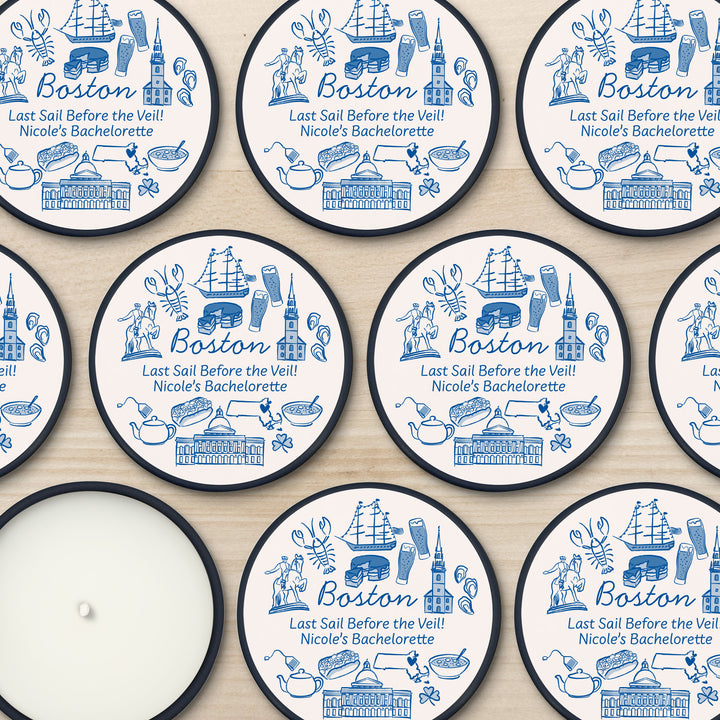 Custom Candle Wedding Favors, Girls Trip, Hand Drawn Boston Bachelorette, 2oz Mini Lavender Candles