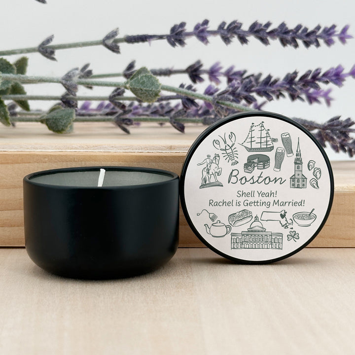 Custom Candle Wedding Favors, Girls Trip, Hand Drawn Boston Bachelorette, 2oz Mini Lavender Candles