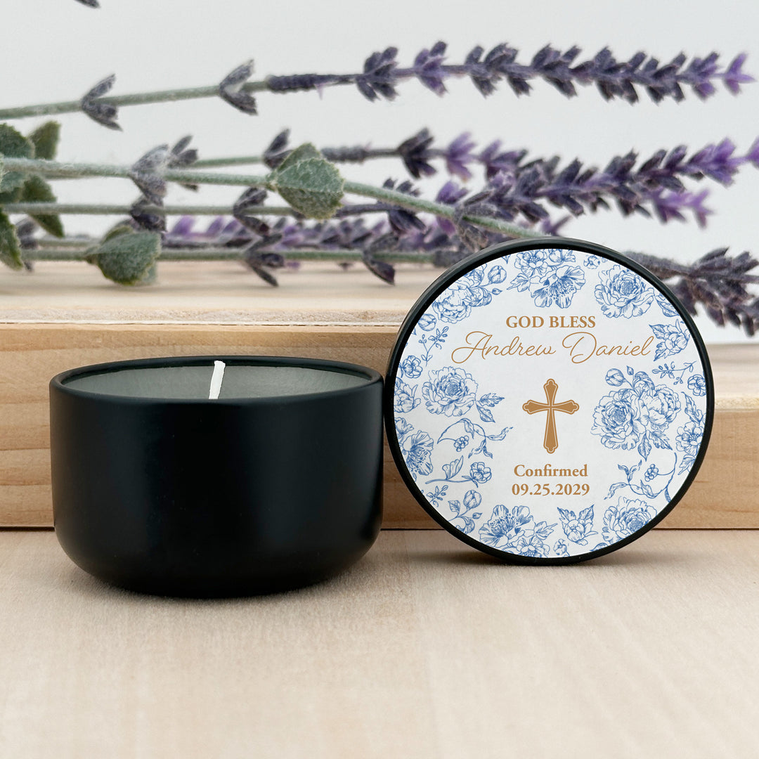 Baptism Candle Favors, First Holy Communion Favors, Chinoiserie Toile Floral Baptism Candles, 2oz Mini Lavender Candles