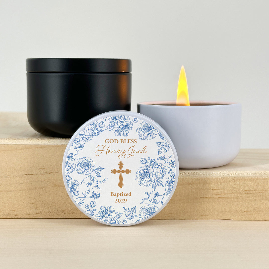 Baptism Candle Favors, First Holy Communion Favors, Chinoiserie Toile Floral Baptism Candles, 2oz Mini Lavender Candles
