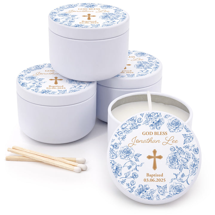 Baptism Candle Favors, First Holy Communion Favors, Chinoiserie Toile Floral Baptism Candles, 2oz Mini Lavender Candles