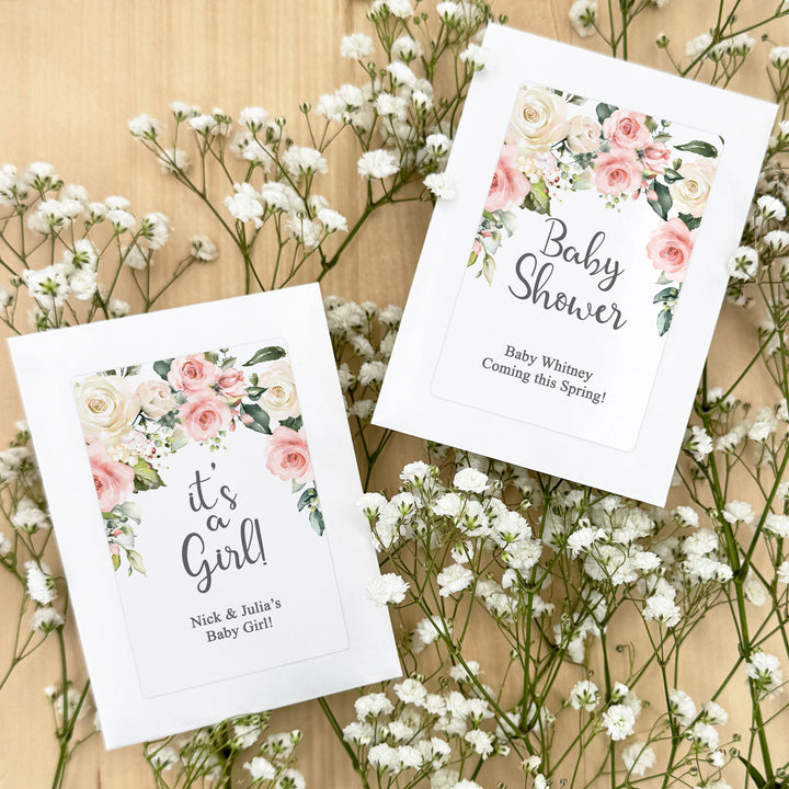 Pink & White Floral, Baby Shower Favors, Wildflower Seed Packets