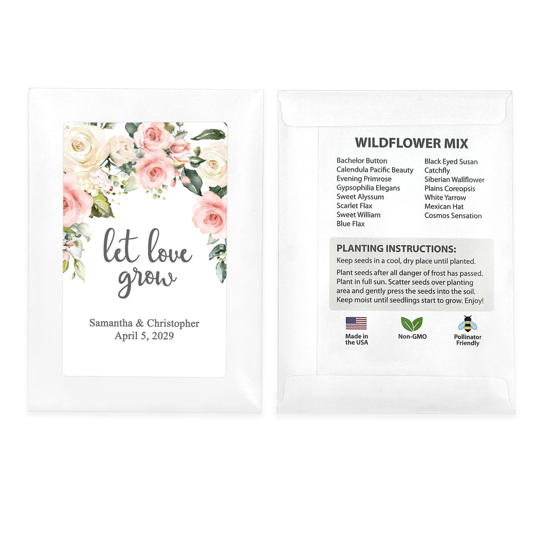 Love in Bloom, Pink and White Floral, Wedding Favor, Wildflower Seed Packets
