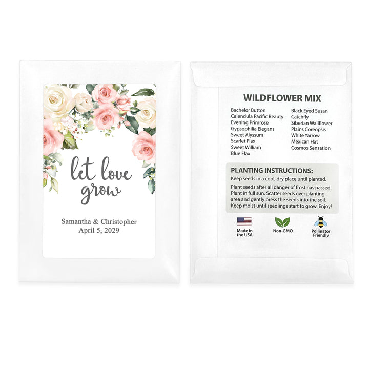Love in Bloom, Pink and White Floral, Wedding Favor, Wildflower Seed Packets