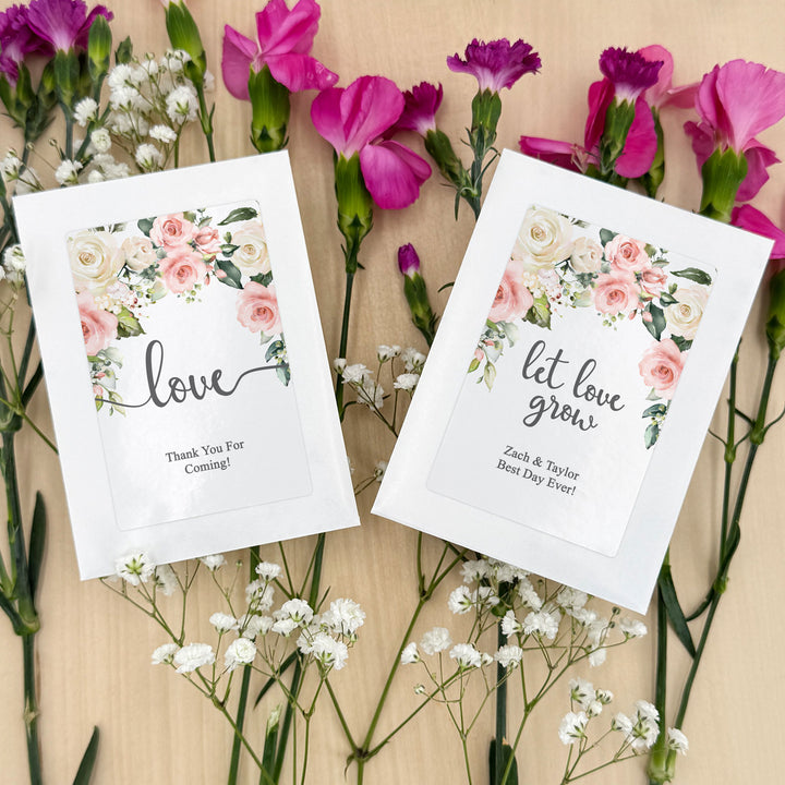 Love in Bloom, Pink and White Floral, Wedding Favor, Wildflower Seed Packets