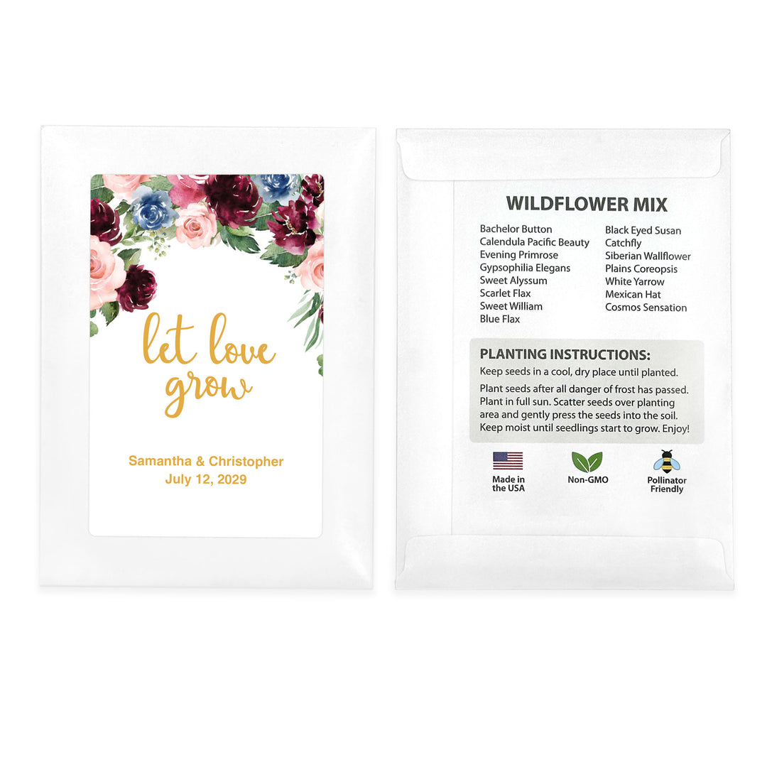 Love in Bloom, Burgundy and Pink Floral, Wedding Favor, Wildflower Seed Packets