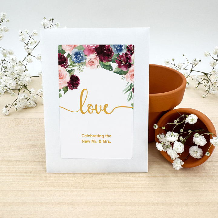 Love in Bloom, Burgundy and Pink Floral, Wedding Favor, Wildflower Seed Packets