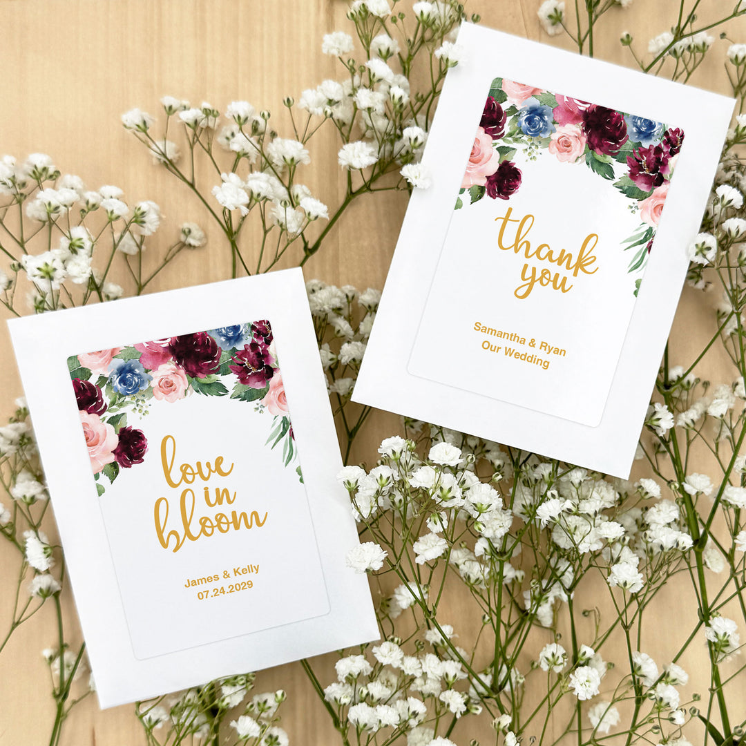 Love in Bloom, Burgundy and Pink Floral, Wedding Favor, Wildflower Seed Packets