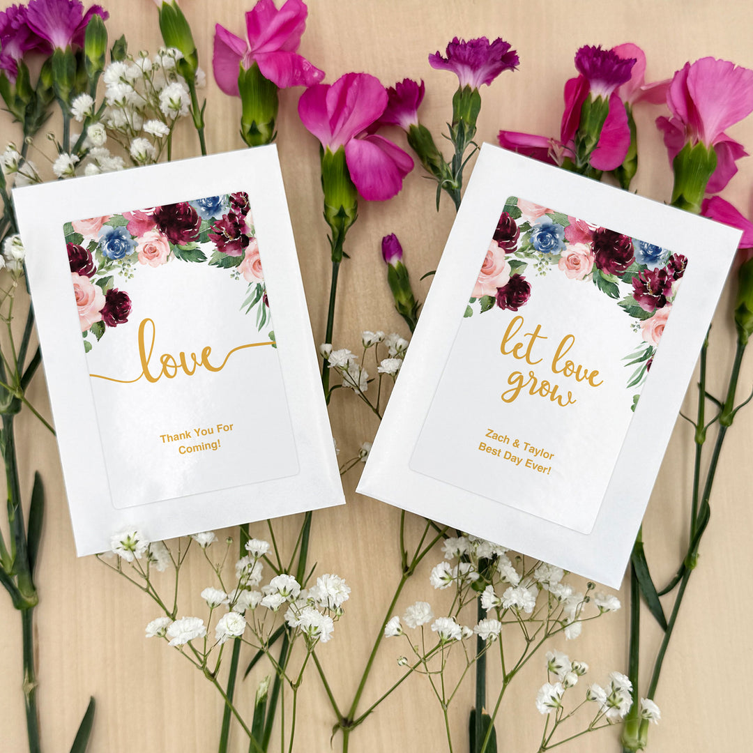 wedding wildflower seeds Love in Bloom, Burgundy and Pink Floral, Wedding Favor, Wildflower Seed Packets