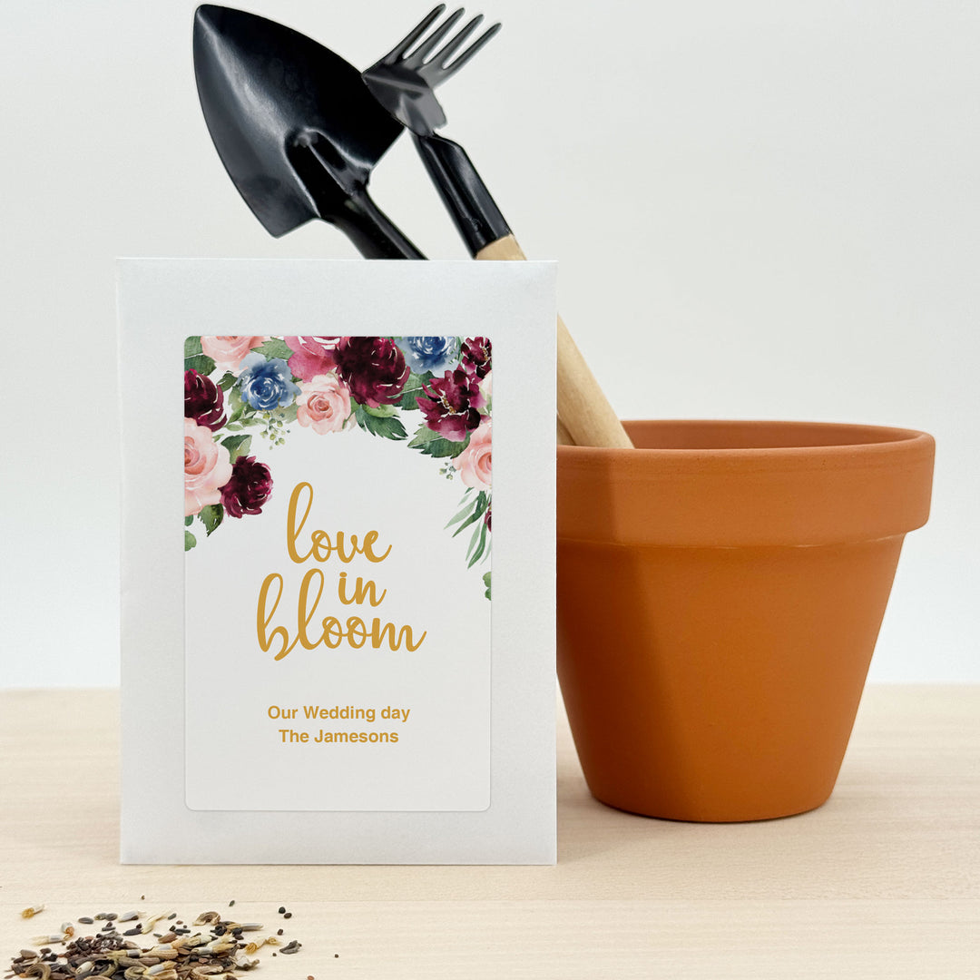 Love in Bloom, Burgundy and Pink Floral, Wedding Favor, Wildflower Seed Packets